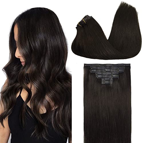 GOO GOO Seamless Clip In Hair Extensions Remy Real Human Hair Extension with Invisible PU Skin Weft 20 Inch 150g 7pcs Dark Brown Natural & Thick & Straight Hair Extensions for Women