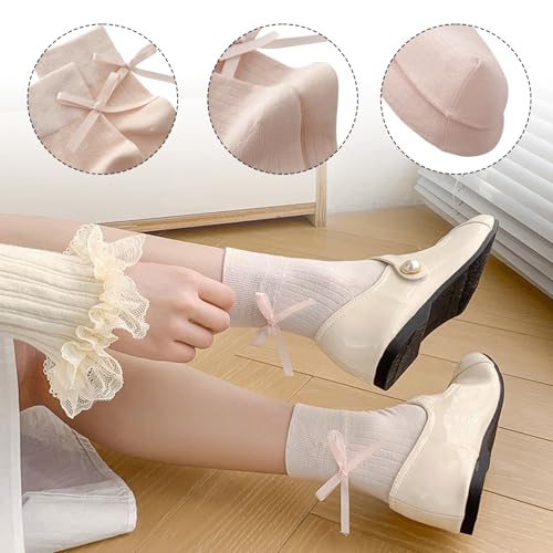 Image of Yxmeiguo Women's Bow Socks - Cotton Sweet Lolita Dress Casual Crew Breathable Soft Cute Girls Textured Ankle Socks - 3 Pairs