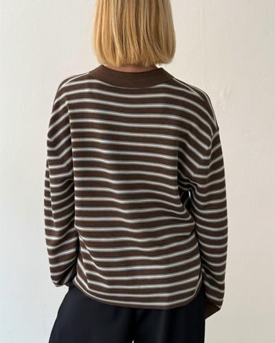 Womens Striped Polo Sweater Vintage Aesthetic Preppy Long Sleeve Oversized Knitted Rugby Shirts Sweatshirt3