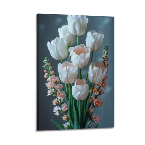 Bouquet de tulipes blanches décoration murale moderne 60 x 90 cm