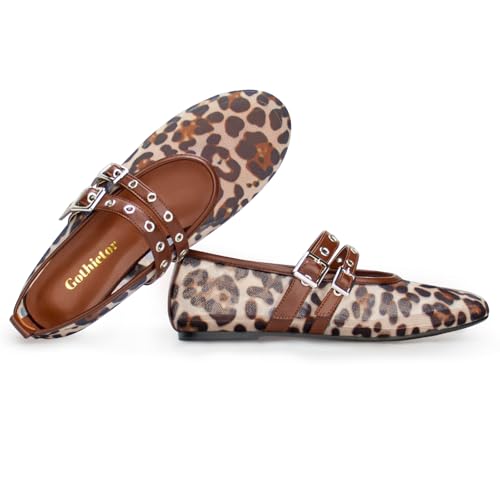 Image of Gothictor Women's Mesh Ballet Flats Round Toe Leopard Mary Jane Shoes Women | Cushioned Comfort, Easy to Style, Buckle Strap, Cheetah Print, Ballerina, Breathable, Lightweight, Dressy Casual, Non-Slip