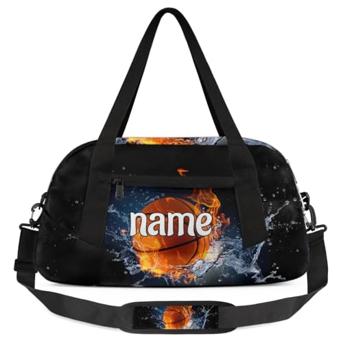 Fire Water Basketball Custom Name Kids Duffle Bag for Boys, Personalized Sports Gym Duffel Lightweight Water Resistant Foldable Sports Gym Bag Weekender Overnight Sleepover Carry On Travel Bag