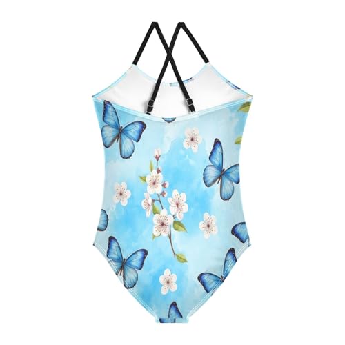 Toddler Girl One Piece Swimsuit, Summer Beach Bathing Suit 3-10 Y, Blue Butterflies Cherry Blossoms2