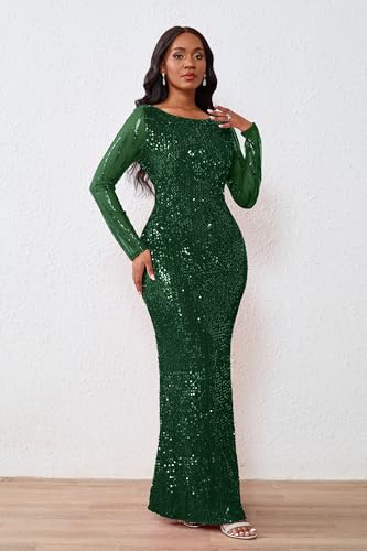 Image of VERWIN Women's Sequins Bodycon Round Neck Long Sleeve Sparkly Mermaid Maxi Dress for Casual Party Cocktail