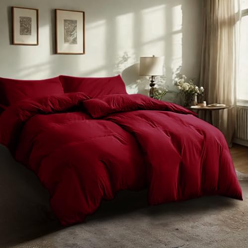Komfortec Bettwäsche 135x200 4teilig Bettwäsche-Sets 2 Bettbezüge 135x200 cm + 2 Kissenbezüge 80x80 cm, Rot mit Reißverschluss