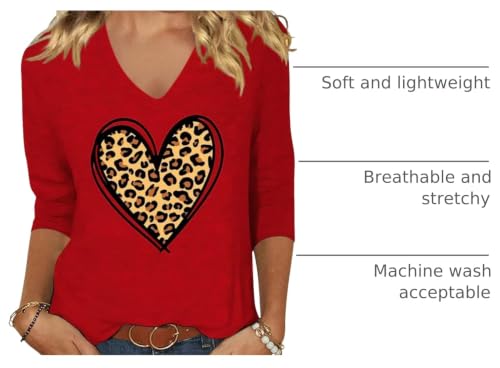 Image of Womens 3 /4 Sleeve V Neck Valentine T Shirts Love Heart Printed Graphic Tee Tops