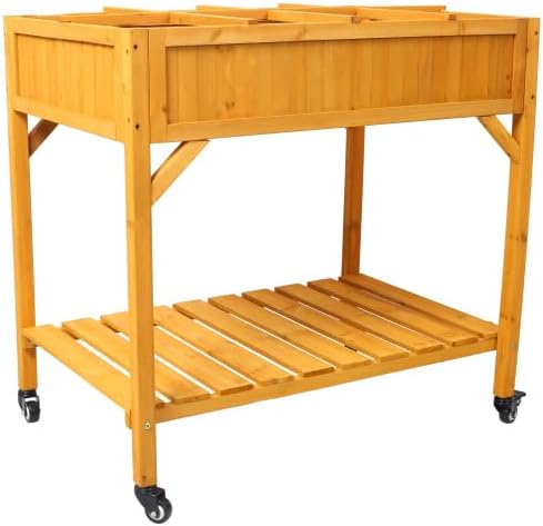 LuckyNote】Elevated 8 Pocket Herb Garden Bed, Mobile Raised Customizable Wood Planter for Herbs, Vegetables, Flowers w/Lockable Wheels, Storage Shelf, Drainage Holes 36x24x34 Inch