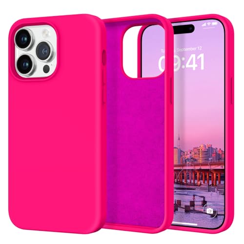 Coque iPhone 14 Pro Max antichoc en silicone rose vif rigide avec doublure microfibre