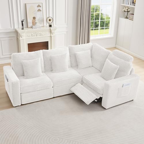 Image of RARZOE Modular Sectional Sofa with Power Recliner, 4-Seater L-Shaped Corduroy Reclining Couch Sectional with Headrest, Flexible Combination Fluffy Comfy Cloud Comfy Couches for Living Room,White