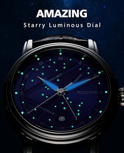 Image of ROCOSJEWE Men's Luxury Automatic Mechanical Watch, Luminous Night Sky Leather Strap, Waterproof, Date Display, Fashion Business Watches for Men RW0108, Blue, Classic,Business,Elegant