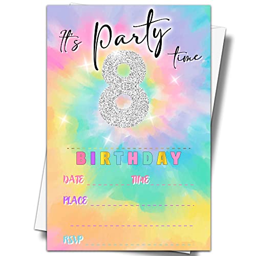 YSTEP Tie Dye 8th Birthday Party Invitations, 20 Invite Cards with Envelopes, 4