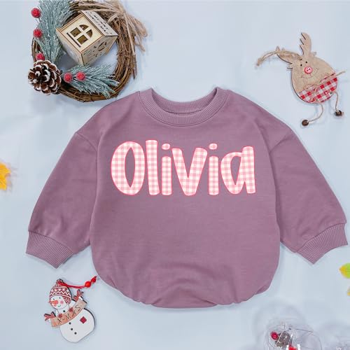 Personalized Bubble Romper with Pink Caro Pattern, Custom Name Baby Outfit, Sweatshirt Bodysuit Romper, For Baby Boys, Girls3