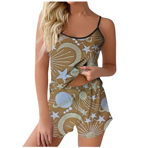 Conjunto de pijama cómodo para mujer, pijama y pantalones de verano para dormir y descansar (2), caqui, XL