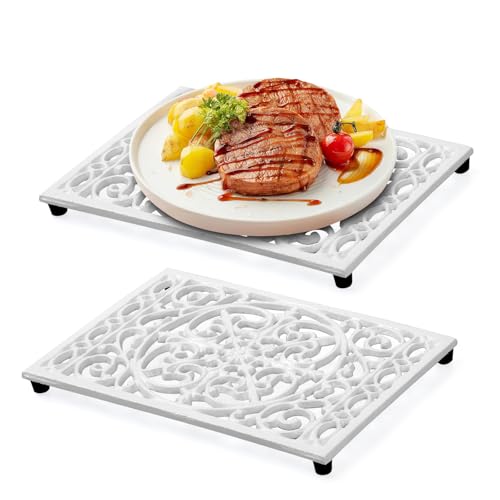 Notakia 9.6 x 6.3 Inch Cast Iron Trivet Set, Large Metal Trivets for Hot Dishes Pots Pans Decorative Kitchen Trivets, Heat-Resistant Trivet Mats for Quartz Countertops, Table Cooktop (White,