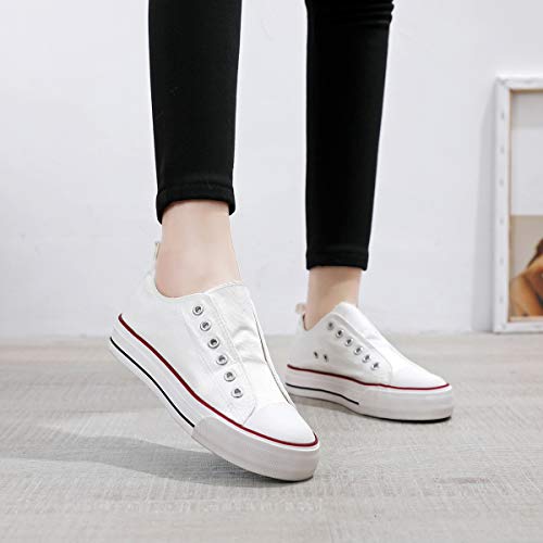 ZGR Women’s Classic Platform Canvas Sneakers Slip on Fashion Canvas Casual Shoes(White,US9)