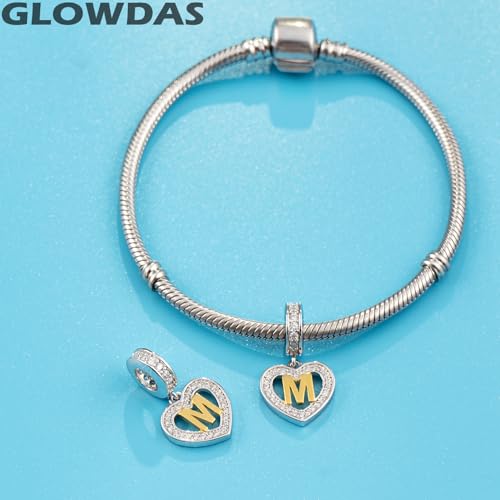 Image of GLOWDAS 18K Gold Plated Letter Charms Initial A to Z Necklace Pendant, 925 Sterling Silver CZ Heart Dangle Alphabet Beads fit European DIY Bracelet, Gifts for Valentiens /Christmas /Family