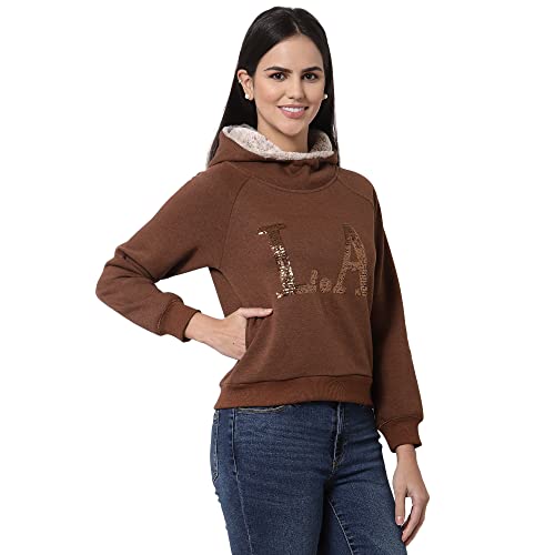 Image of Juelle Women Embellished Brown Hooded Fleece Sweatshirt