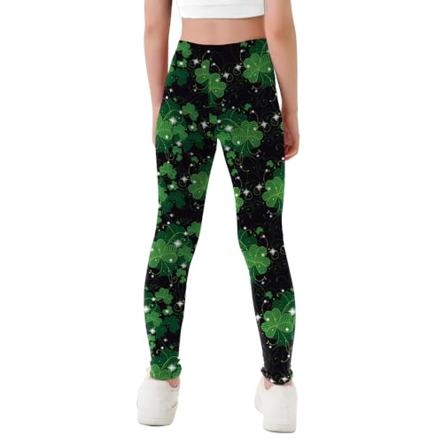 Eciodci Girls St. Patrick's Day Shamrock Leggings 3D Printed Irish Green Clover Leaves Pants High Waist Stretchy Soft Tights3