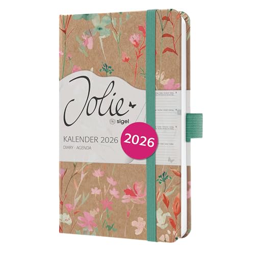 SIGEL J6806 Wochenkalender 2026 A6, grün, rosa, Hardcover aus Kraftpapier, Gummiband, Stiftschlaufe, 174 Seiten, vegan, Buchkalender, Terminplaner Taschenkalender Jolie