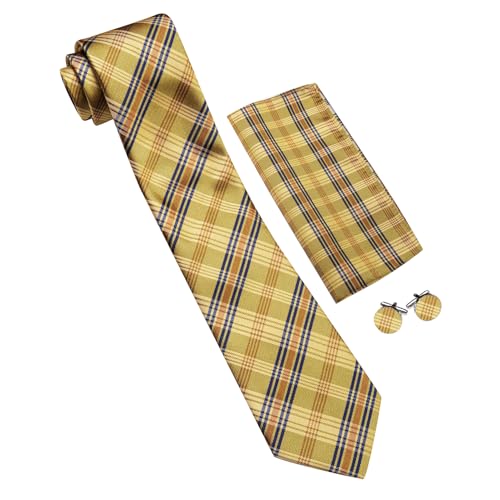 Image of Barry.Wang Plaid Ties Check Mens Necktie Set with Handkerchief Cufflinks Classic Stripe