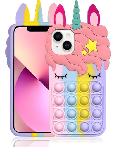 Fidget Pop Funda para iPhone 13/14/15, Lindo Hermoso Dibujos Animados Unicornio Arcoíris Pop Silicona Suave Funda de Teléfono para Apple iPhone 13/14/15 6.1
