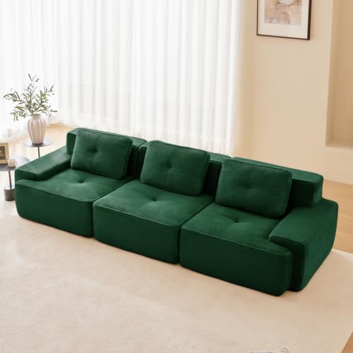 Bladez Modulares Cord Sofa Modernes 3-Sitzer Wohnzimmer Couch mit Komfort & Tiefsitz-Unterstützung, Ohne Montage 32D Hochelastische Schaum Boneless Sofa (Grün, 3-Sitzer)