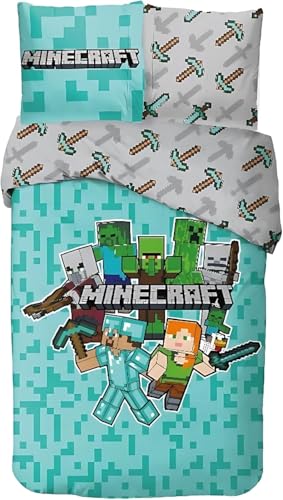 arlis Parure de Lit Minecraft, Housse de Couette Réversible 140x200 cm, Taie d'oreiller 63x63 cm, 100% Coton (Parure de Lit Minecraft, 140 X 200 cM)