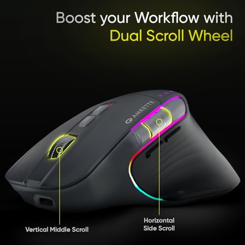 Image of Amkette XS Series Flow Ergonomic Wireless Mouse /Bluetooth Mouse with Side Scroll, 2.4GHz & 3X BT, 8 Buttons, Multi-OS, Rechargeable, 3200 DPI, RGB Lighting, Productivity Design, 2 Yrs Warranty