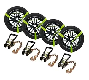 Mytee Products (4 Pack) Auto Tie Down Straps 8' w/Chain Anchor Set (High Visibility Green Webbing)