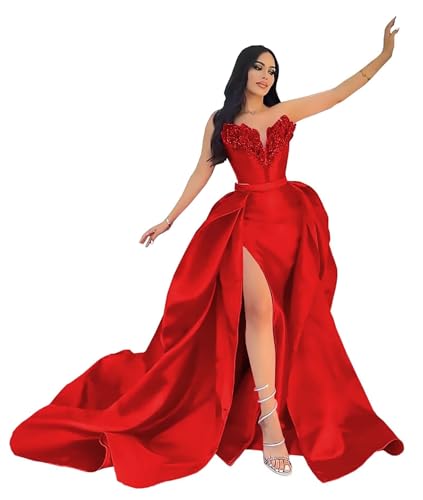 Strapless Satin Prom Dresses with Detachable Train Slit Formal Evening Party Gowns for Women