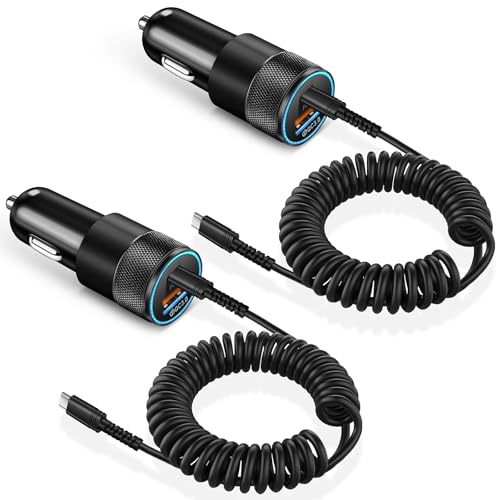 Car Charger Fast Charging 2 Pack, 38W USBC Power Cigarette Lighter Car Charger, Multi Port PD/QC 3.0 Cargador para Carro with 6FT Coiled Type C Charging Cable for Phone iPhone 16/15 Pro, Carplay