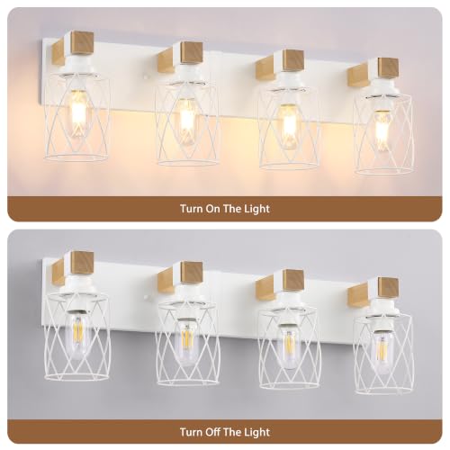 Image of Farmhouse 4-Light Wood Bathroom Vanity Light, White Metal Cage Shade
