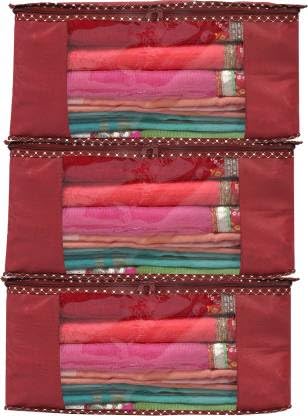 BB BACKBENCHERS (Pack Of 3) Printed Non Woven Fabric Saree Cover/Clothes Organiser For Wardrobe Set with Transparent Window And Zip For Lehenga, Suit, Dress,& Accessories (Maroon)
