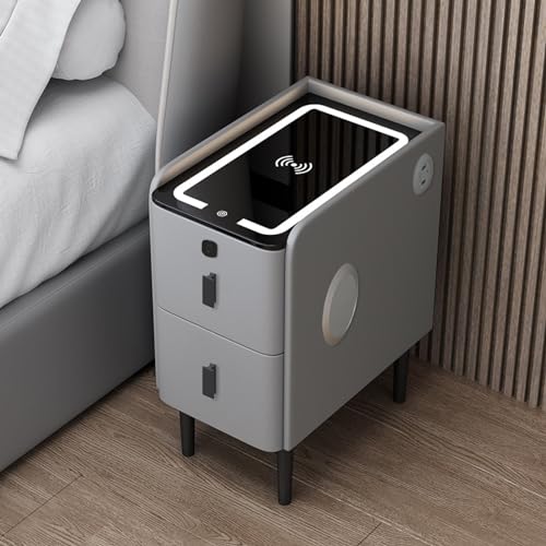 Smart Bedside Table with Wireless Charging Station and LED Lights, Modern Nightstand with 2 Drawers for Home Tech Convenience