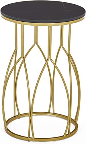 Image of Arrow Crafts Metal Side Table Black MDF Living Room Balcony Casual Coffee Golden Wrought Iron Small Round Bedroom Nightstand, 40x60CM (Color : Black)