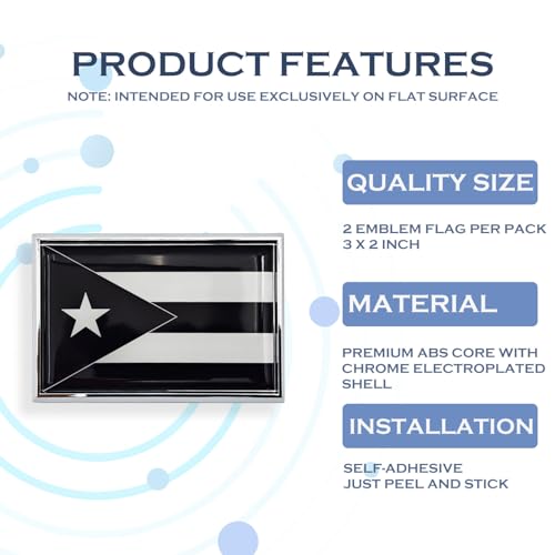 Image of Black Puerto Rico Flag Sticker Emblem Decal Puerto Rican Car Chrome Flags, 2 Pack, 3 x 2 inches