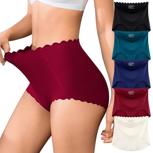 IROCUE Womens Seamless Underwear High Waisted Postpartum Underwear for Women Full Coverage No Show Wave Edge Ladies Panties Soft Breathable Briefs 5 Pack XL