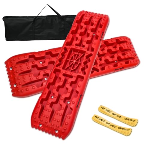 YATOINTO Off-Road Traction Boards with Jack Base Pair Recovery Tracks Tire Traction Mats for 4WD Mud Sand Snow Rock Tracks. 4X4 Recovery Boards with 2 Straps&Storage Bag for RV Truck Jeep SUV Red