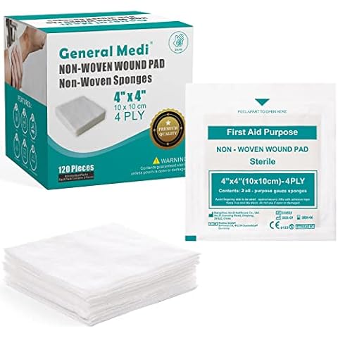 General Medi Sterile Gauze Sponges, 4" x 4" Non-Woven Wound Pads - Individually Wrapped Highly Absorbent Sponges Pads for Cushioning Minor Wounds, Cuts & Burns Wound Care (60 Packs, 120 Pieces Total) Cover