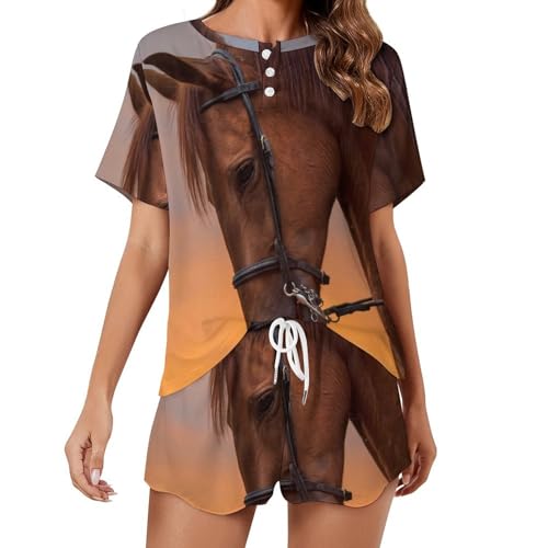 Pyjama femme manches courtes Cheval Marron ensemble de nuit ete