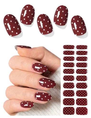 AutyaMee Semi Cured Gel Nail Strips (Deep Red Polka Dot), 20 Pcs Gel Nail Wraps, Stickers, Long Lasting, UV Light Required