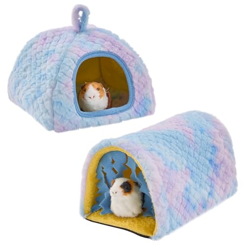 Avont 2 Pack Guinea Pig Hideout Bed and Tunnel Toys Set with Curtain, Washable Soft Plush Bunny Hideaway House Tube Cage Accessories for Small Animal Pet, Rabbits Chinchilla Hamster Ferret Rat -Blue