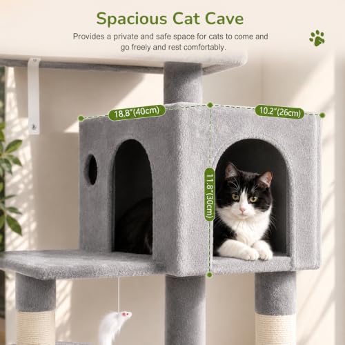Image of Globlazer Cat Tree Tower with Scratching Post for Indoor Cats, 53inch Tall Plush Multi-Level Cat Climbing Tower Condo House with Large Hammock, Spacious Cat Cave, Padded Top Perch Bed, F53, Light Gray