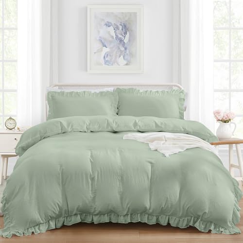 Double Size Green Duvet Cover Set 3PCS 1 Ruffle Duvet Cover and 2 Pillowcases Fluffy Frills Bedding Set for All Season 200x200 cm