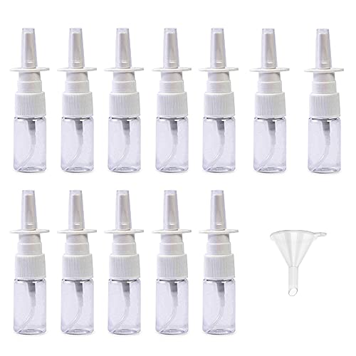 12 Pcs Empty Nasal Spray Bottles with 1 Pcs Mini Funnel, 10 ml Refillable Small Clear Plastic Throat Sprayer, Travel Mist Spray Container for Saline Essential
