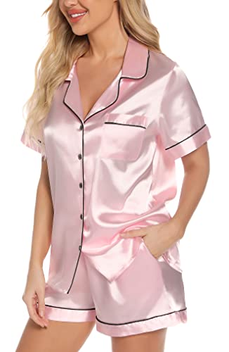 Samring Women Pjs Sets Silk Satin Summer Short Sleeve 2 Piece Pajamas Set — view 5