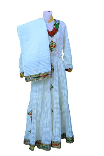 Ethiopian/Eritrean Traditional Habesha (kemis) Dress with Tilet (የሐበሻ የሐገር ባህል ልብስ). White4