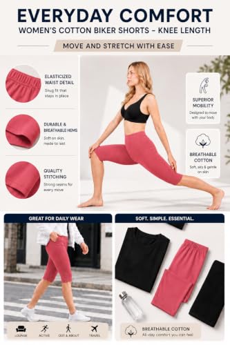 Image of mybody Women's Cotton Knee Length Cycling Shorts | Stretchable Breathable Biker Gym Yoga Workout Shorts | Mid Waist Athletic Fit