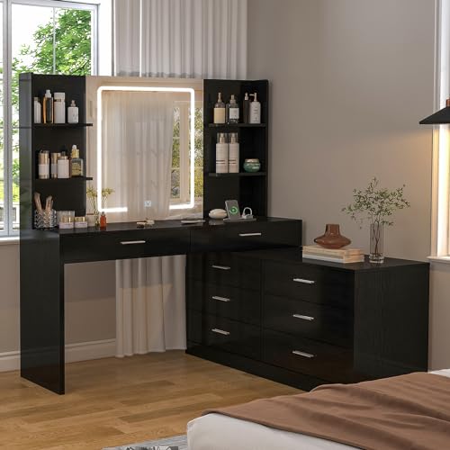 FIONESO Vanity Desk with LED Light Mirror & Power Outlet, 8 Drawers, 6 Storage Shelves, 3 Color Modes & Adjustable Brightness Makeup Vanity, Corner Vanity, L Shape Vanity, 39.4”-64.9\" Desk, Black