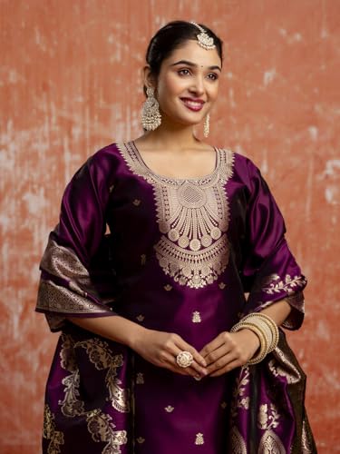 Image of VredeVogel Women's Cotton Silk Blend Zari Work Kurta Pant Set with Jacquard Silk Dupatta | Modern & Traditional Blend Ethnic Wear Set